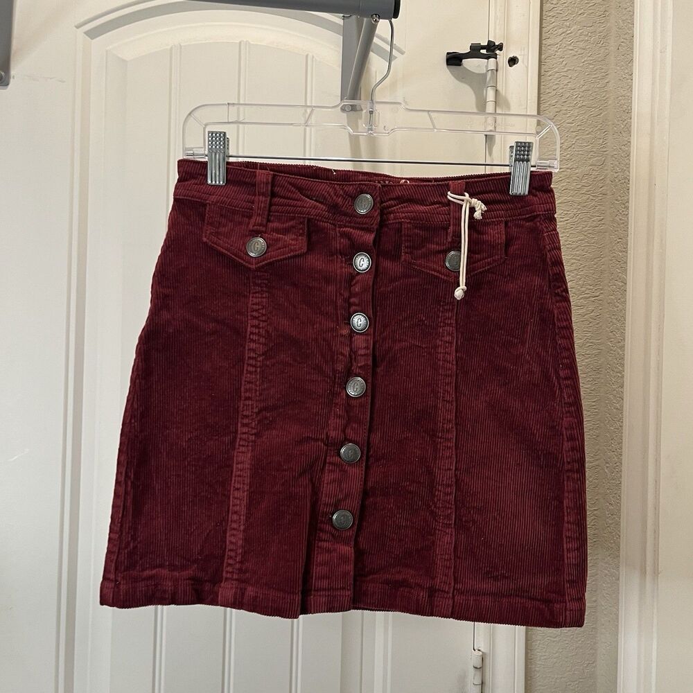 Corduroy Button-Front Mini Skirt - Burgundy